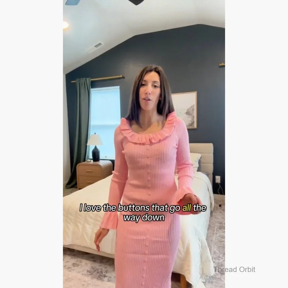 Ribbed Knit Midi Sweater Dress Long Sleeve Bodycon Ruffle Crewneck - Picture 7 of 7